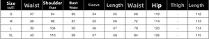 Detailed size chart for summer top and skirt set including bust waist and length measurements