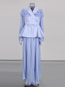 Elegant light blue two-piece suit with ruffle trim blazer and pleated maxi skirt for women