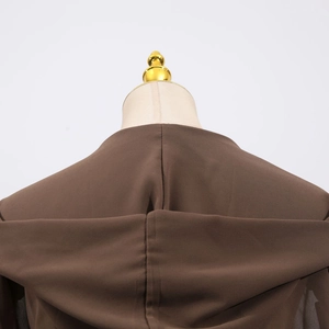 Detailed view of dark brown hooded shirt neckline with lightweight chiffon fabric texture