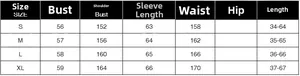 Size chart with measurements for oversize long sleeve shirt including bust and shoulder data