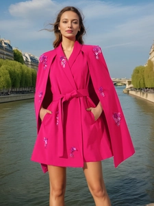 Elegant Women Cloak Suit Jacket With Sequin Floral Embroidery Waist Tie Cape Blazer Dress For Party Banquet