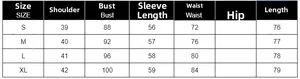 Size chart showing bust and waist measurements for bow waist slim fit blazer jacket