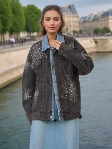 Veste en Jean Strass Feu d'artifice Lavé Gris Foncé Col Contrasté Coupe Ample Manches Longues Mode Femme Manteau