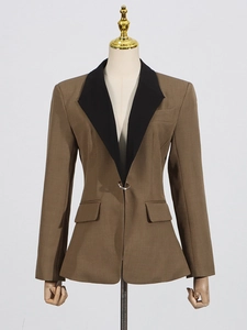 Elegant brown slim fit blazer with black contrast lapels and decorative metal button