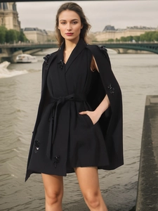 Elegant black poncho blazer with sequin floral embroidery and a cinched waist belt