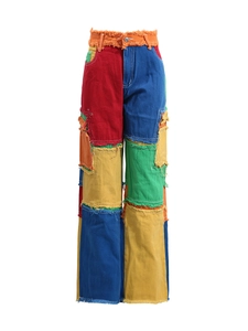 Women's high waist straight jeans with colorful patchwork denim and frayed edges design