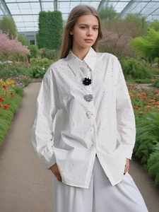 Women's Luxury Rhinestone Shirt Loose Long Sleeve Lapel Blouse With 3D Flower Buttons Commuter Fashion Top