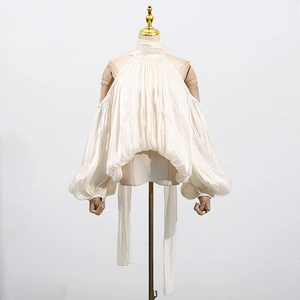 Detailed view of the halter neck, lantern sleeves and pleated fabric on the off-shoulder top