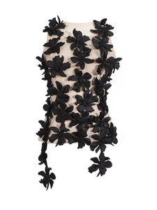 Sleeveless mesh top for women featuring 3D black floral appliques on nude fabric