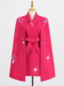 Elegant rose red cape blazer suit with floral sequin embroidery and waist tie