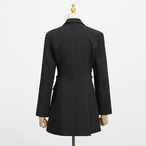 Rear view of a black tailored blazer with a slim-fit waist and elegant A-line silhouette