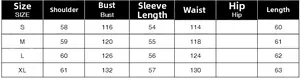 Detailed size guide table with measurements for women's casual long sleeve shirt top