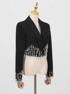 Elegant black cropped blazer with shawl collar and sparkling rhinestone bead fringe detail