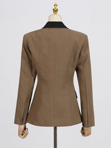 Elegant khaki blazer for women featuring black collar contrast and professional slim fit cut