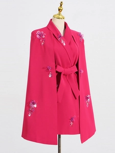 Elegant rose red cape dress with waist tie and delicate handmade beadwork decoration