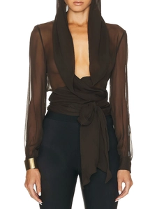 Sheer brown hooded wrap blouse with long sleeves and waist tie for a modern look