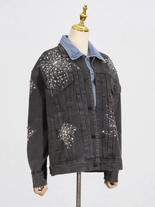 Veste en jean anthracite pour femme avec motifs de feux d'artifice en strass et col à revers