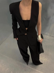 Women Street Style Asymmetric Single Sleeve Blazer High Waist Wide Leg Pants Solid Black Irregular Top And Bottom