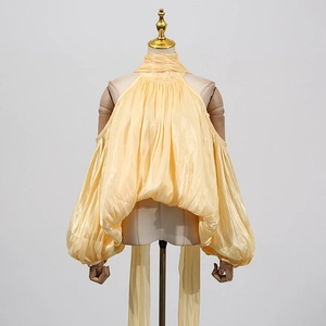 Detail of champagne halter neck blouse featuring voluminous lantern sleeves and pleated fabric