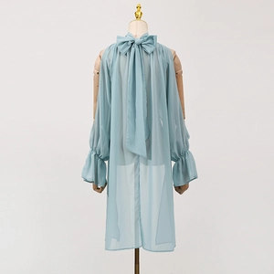 Detail of light blue chiffon shirt with large back bow tie and pleated bell sleeves
