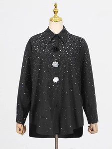 Women's black long sleeve shirt with rhinestones and unique 3D flower buttons decoration