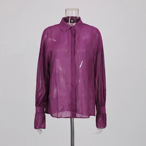 Detailed view of sheer purple blouse featuring standard collar and pleated cuffs