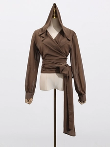 Women's minimalist hooded wrap shirt in dark brown with waist tie and long sleeves