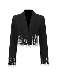 Elegant black cropped blazer featuring heavy rhinestone fringe and sparkling bead tassels