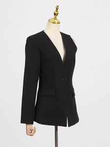 Chic black deep V-neck irregular suit jacket with high-waist wide-leg pants set for women