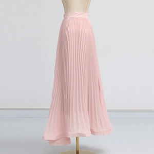 Detail of light pink pleated maxi skirt with vertical texture and flowy chiffon fabric