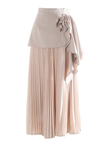 Jupe plissée élégante taille haute rose clair avec fleur faite main et volants