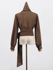 Brown hooded sheer blouse with long sleeves and a wrap-around waist tie for women