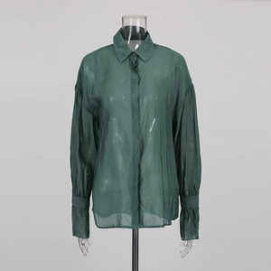 Detail of dark green sheer shirt featuring textured fabric, lapel collar, and buttoned front