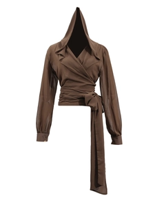 Deep brown hooded wrap blouse with long sleeves and waist tie for a minimalist look