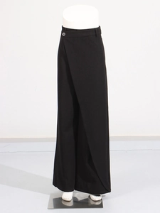 Women's black wide-leg trousers featuring a unique wrap waist design and gray button detail