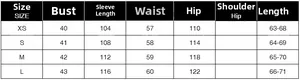 Detailed size chart for elegant women's long sleeve blouse featuring XS to L measurements