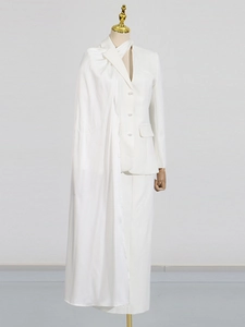 Elegant white blazer suit set for women with pearl buttons and flowing scarf detail