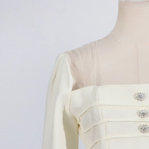 Close-up of tweed dress with star crystal buttons and sheer mesh square neckline