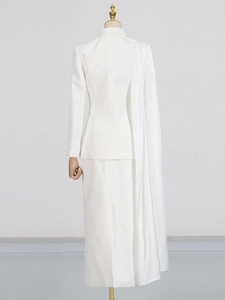 Elegant two-piece white set for women featuring a blazer with a pleated scarf detail and long skirt