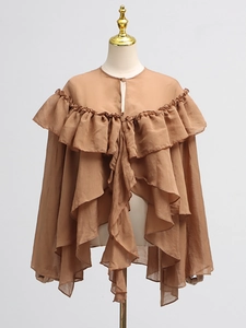 Caramel brown ruffle mesh long sleeve blouse with layered chiffon design and chic collar