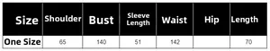 Tableau des tailles avec buste et longueur pour cette chemise oversize décontractée