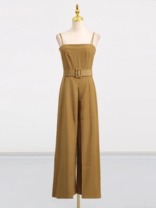Sleeveless khaki jumpsuit with a wide waist belt and straight-leg fit for casual wear