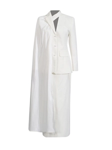 Elegant white two-piece women suit with asymmetrical drape design and pearl buttons