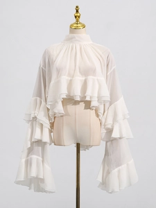 Elegant white chiffon long sleeve blouse with layered ruffles and flared cuffs