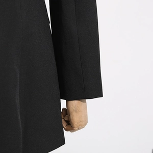 Close-up of the fine texture and high-quality stitching on the sleeve of this black blazer