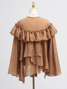 Women's brown ruffle shirt with mesh stitching and irregular hem for a layered look