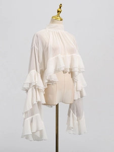 Elegant white mesh chiffon long sleeve blouse with tiered ruffle details and a high neck design