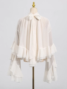 Elegant white mesh shirt with multi-layered ruffles and high-neck back bow design