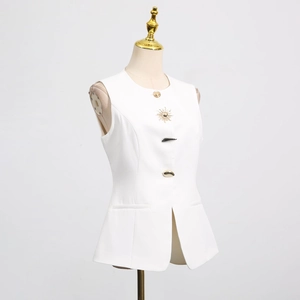 Detailed side view of white sleeveless vest with irregular gold metallic buttons