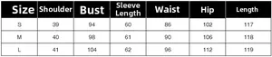 Size guide table for slim fit long trench coat showing S M L measurements in centimeters